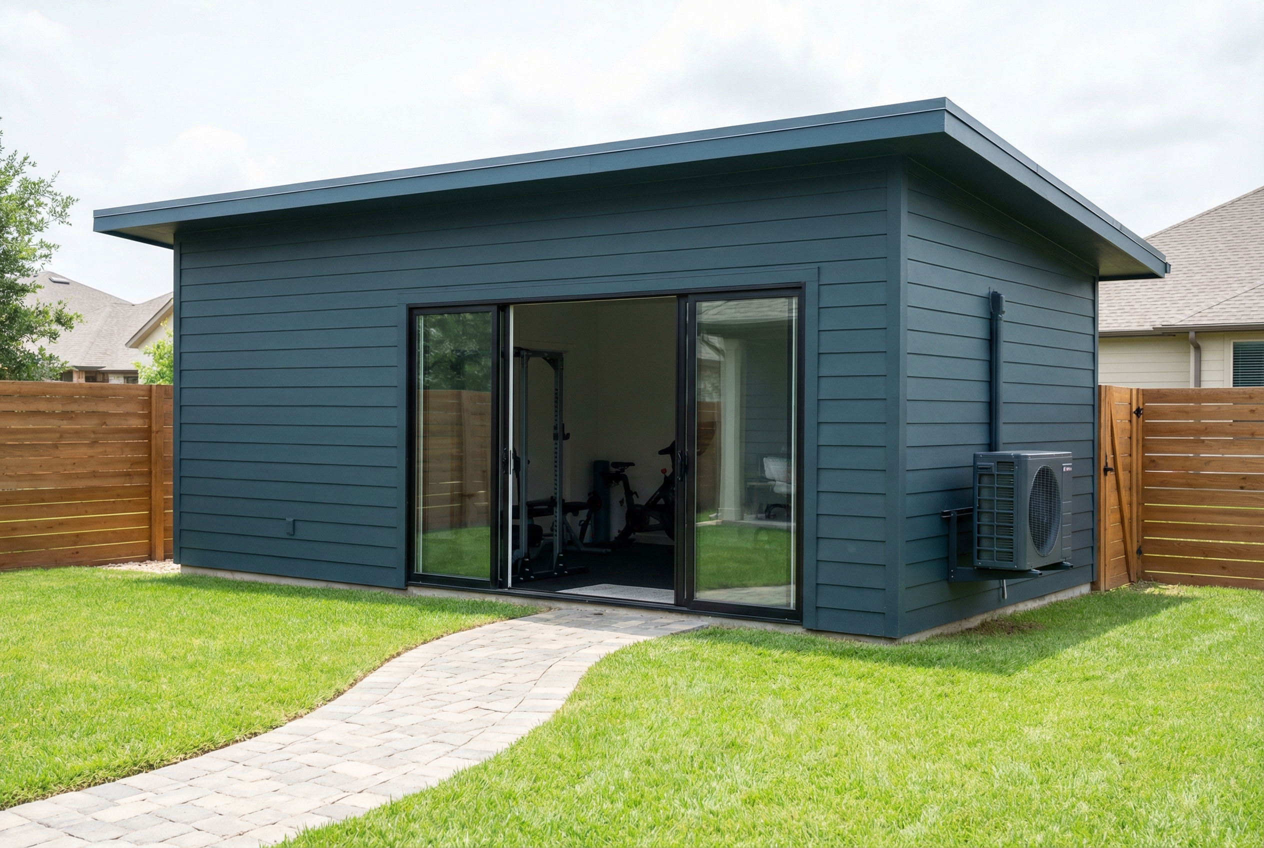 Deep teal backyard gym with flat roof, sliding glass doors, and mini-split, Cedar Park Texas