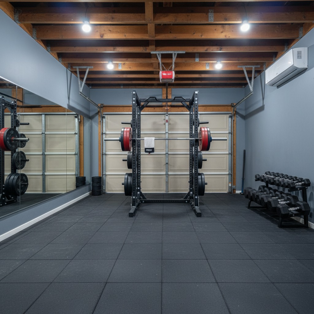 Converted garage gym with squat rack, loaded barbell, floor mirror, and mini-split, Pflugerville Texas