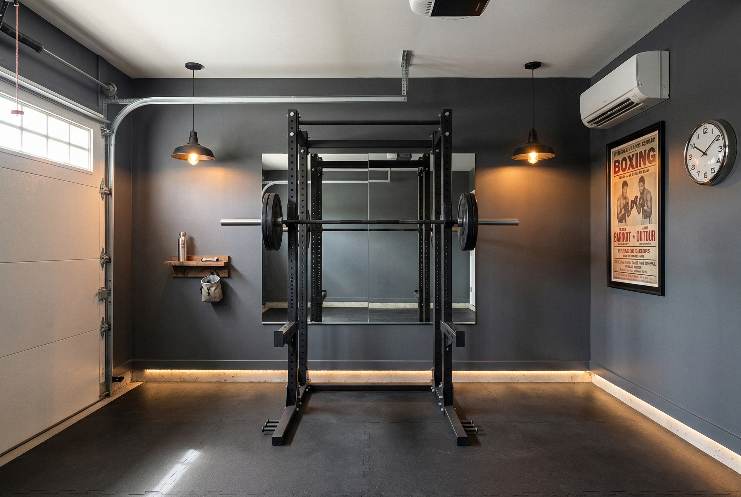 Charcoal garage gym interior with pendant lights, boxing poster, and mini-split, Round Rock Texas