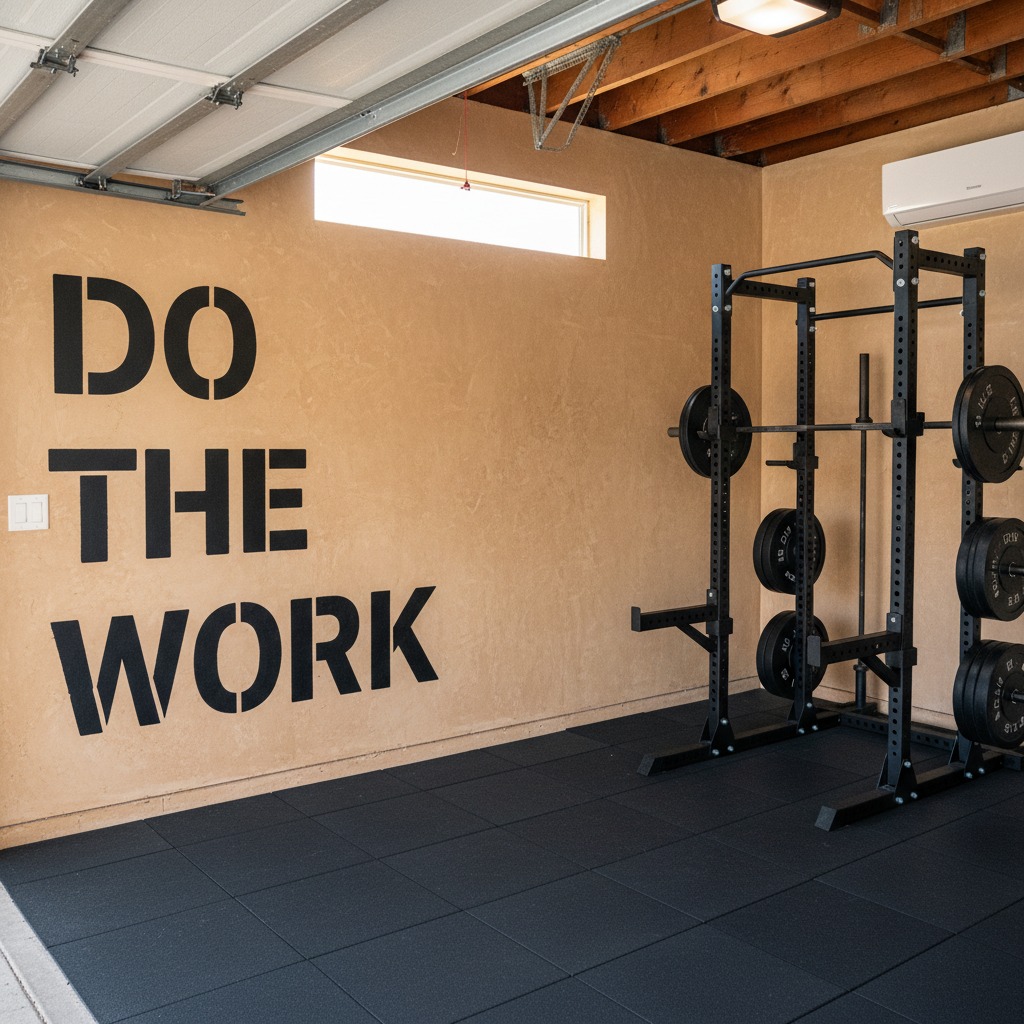 Converted garage gym with DO THE WORK wall text, squat rack, and mini-split, Hyde Park Austin